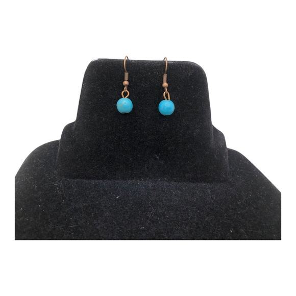 Retro Single Turquoise Bead Rose Gold Leather Lightweight Dangle Earrings - Picture 2 of 9